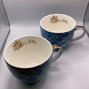 Lilly Pulitzer 2 Lion Around 12 oz Cups Blue Green Floral Gold Hidden Cat Faces